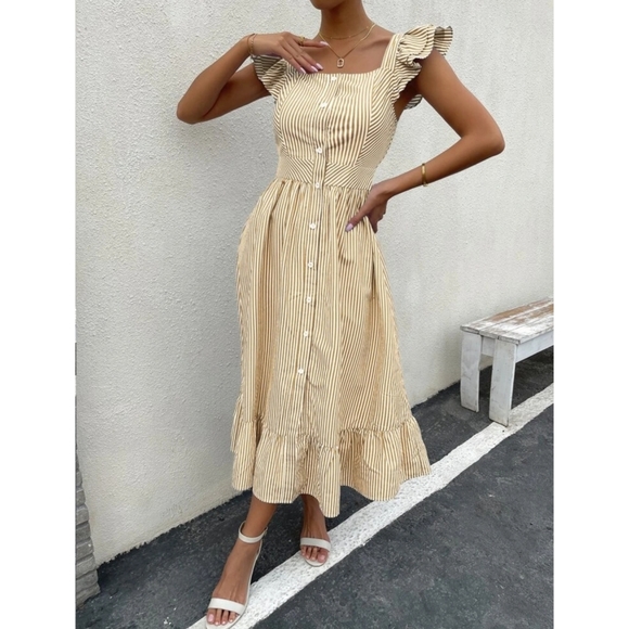 Boho Button Front Striped Ruffle Midi Dress - Picture 5 of 6